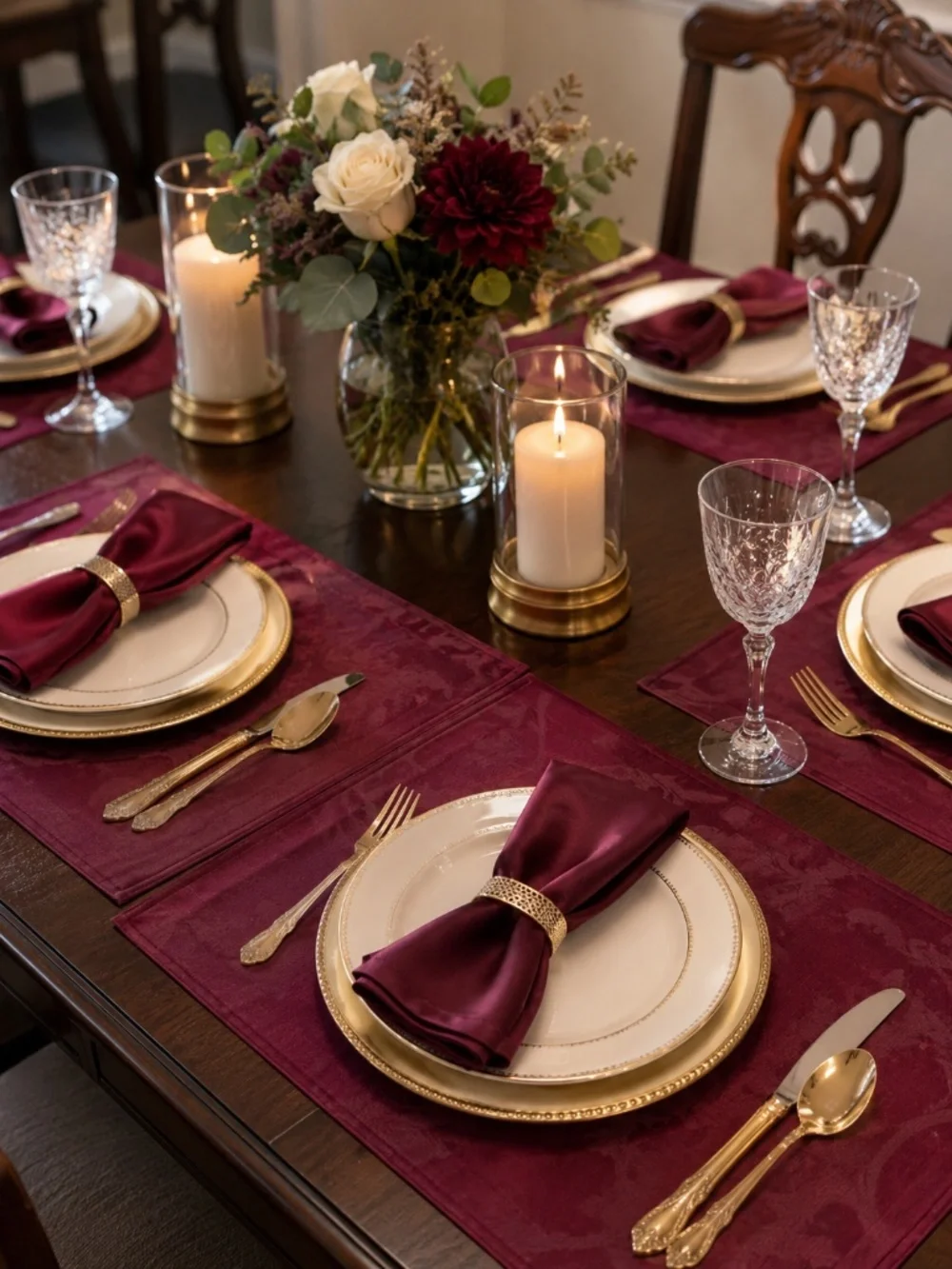 Burgundy Damask Placemats & Satin Napkin Set – 4 Placemats + 4 Napkins Elegant